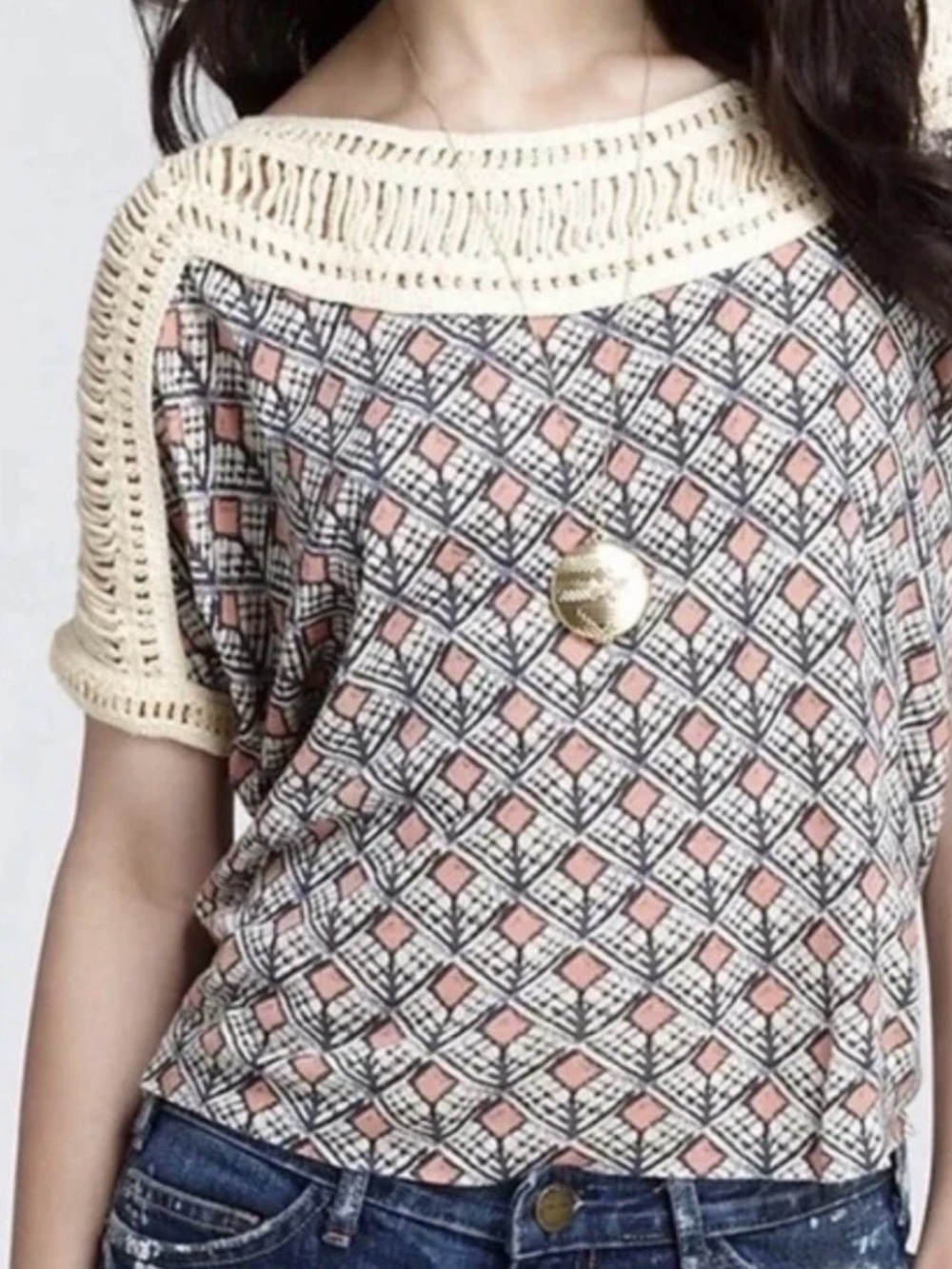 Free People Crochet Yoke Boho Top | Mixed Print Knit | XS (Fits Oversized)